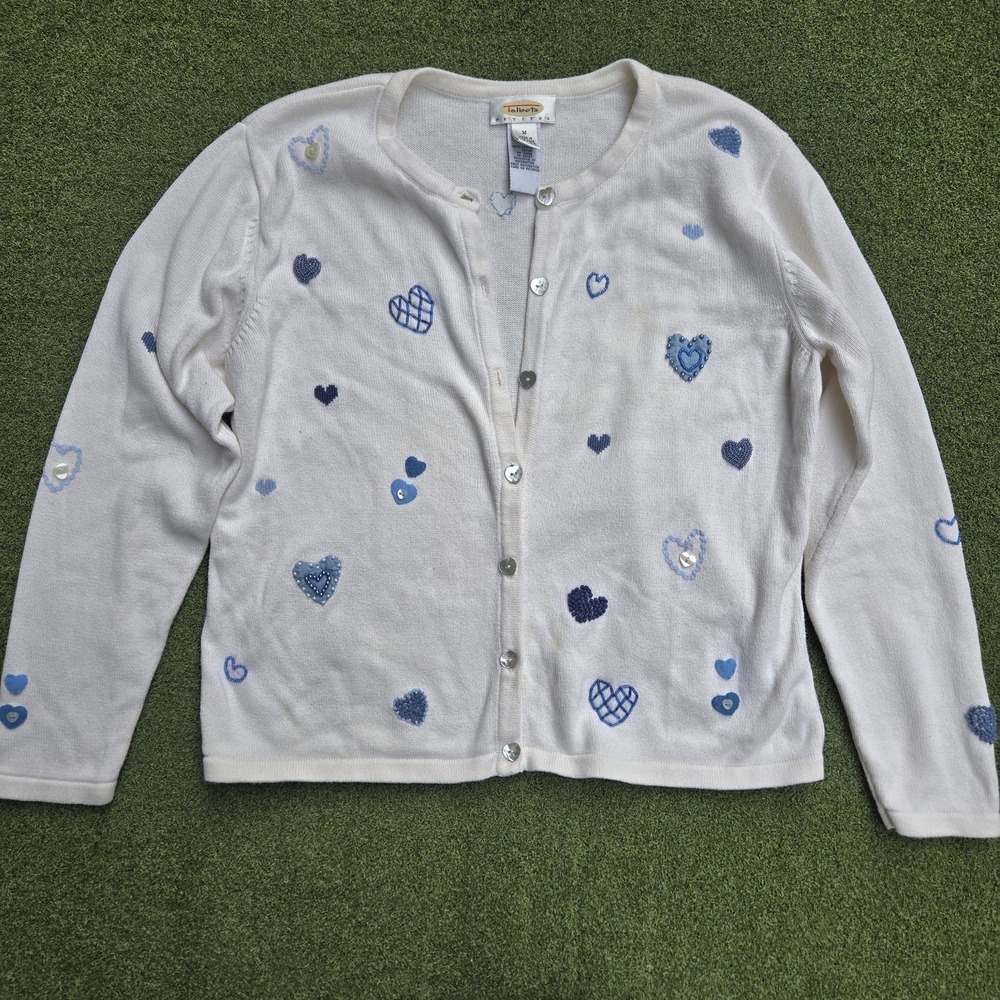 Women Heart Print Cardigan Sweater Light Gray Blue Hearts Button Front Knit M